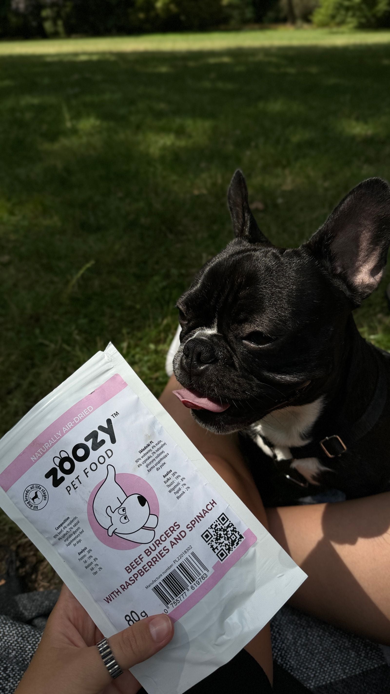 Back view of Zoozy Beef Burgers package – ingredients and nutritional info for healthy dog snacks