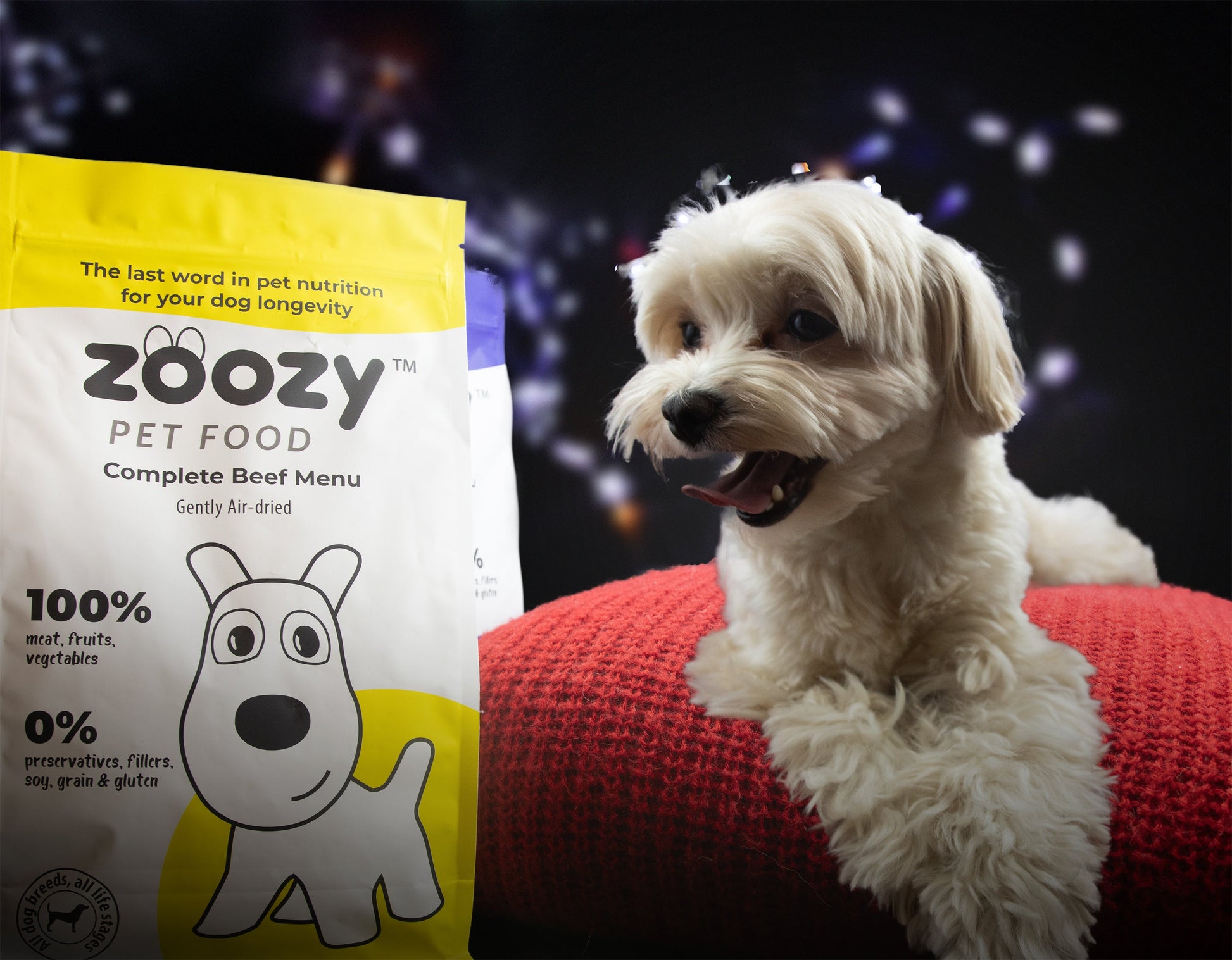 Back of Zoozy Beef Menu packaging – ingredients, feeding guide, and nutritional benefits for dogs